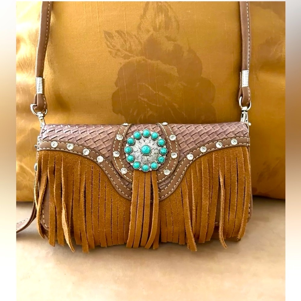 Fringe Turquoise Rhinestone Brown Woven Vegan Faux Leather Crossbody Wallet Bag